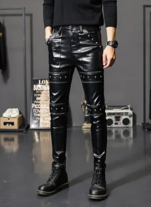 Pantalon en cuir moto skinny homme