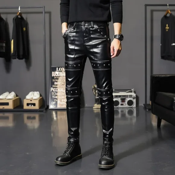 Pantalon en cuir moto skinny homme