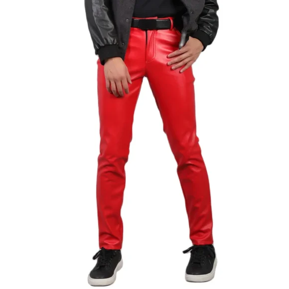 Pantalon Cuir Homme Slim Rouge Bleu – Image 4
